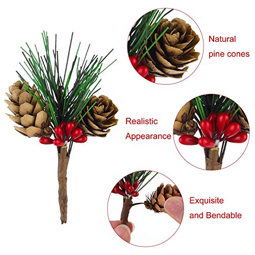 CHRORINE 15 Pcs Artificial Pine Cone Picks and Red Berry Mini Artificial Pine Tree for Christmas Party Flower Wreaths and Holiday Decorations