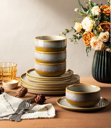 TheTerra Autumn Haze 12-Piece Ceramic Dinnerware Set for 4 - Plates & Bowls