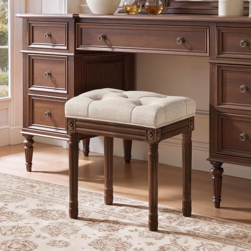 French Vintage Vanity Bench with Carved Dark Brown Wood Legs and Linen Cushion - Linen & Dark Brown Variation