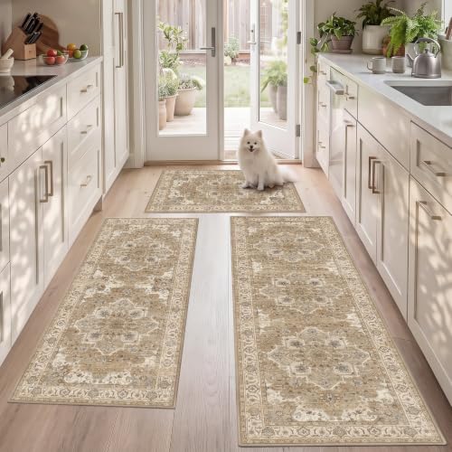 Beige Cream 3-Piece Kitchen Rug Set with Runner, Non-Slip Boho Mat, Washable Low Pile