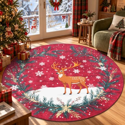 Famibay 6ft Round Christmas Rug with Reindeer & Holiday Design - Washable & Non-Slip Red Living Room & Bedroom Decor
