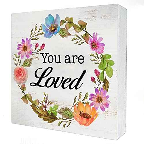 Floral You Are Loved Wood Box Sign Home Decor Rustic Inspirational Wooden Box Sign Block Plaque for Wall Tabletop Desk Home Decoration 5" x 5"