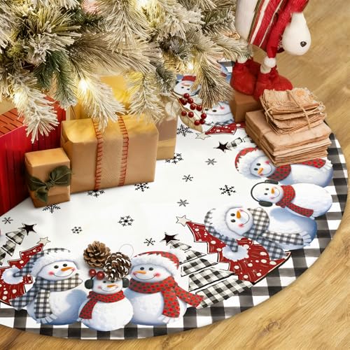 QIALETS 48 Inch Gray Buffalo Plaid Christmas Tree Skirt with Snowmen Decoration
