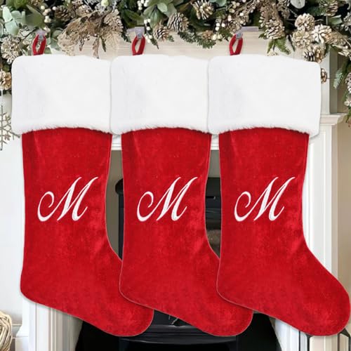 PORRUNNY 20 Inch Red Plush Christmas Stockings - Family Holiday Decor M