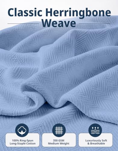 Queen Size Cotton Blanket - Textured Herringbone Weave, Light Blue