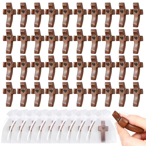 50Pcs Wooden Cross Bulk Set with Organza Gift Bags - Handcrafted Walnut Christian Faith Gifts for Church & Easter - Brown / 50