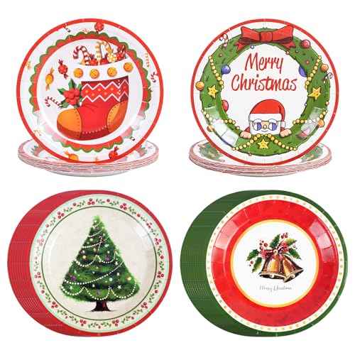48Pcs Christmas Paper Plates 7 Inch, Xmas Tree Santa Christmas Party Plates Disposable Dessert Plates Dinner Plates for Winter Birthday Christmas Party Decorations