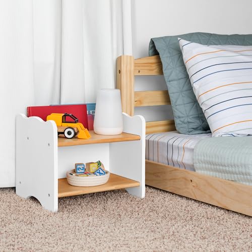 Kids Nightstand for Floor Beds - White Montessori Style Small Bedside Table with Book Pocket - Variation 2