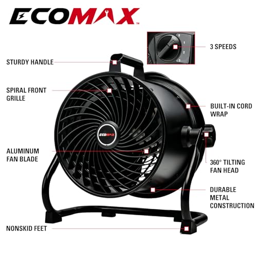 ECOMAX 10 Inch High Velocity Industrial Drum Fan - Ultra-Quiet, Adjustable Speed