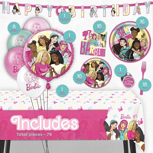 Barbie Birthday Party Decorations Set with Banner, Balloons, Tablecloth & Tableware