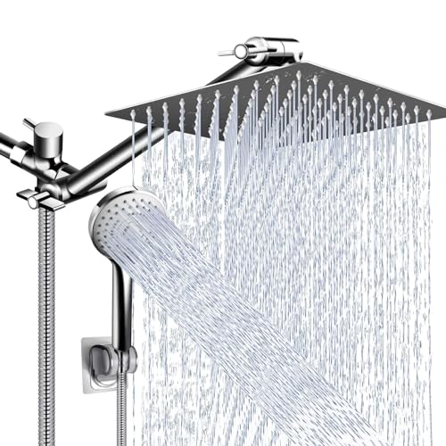 PinWin 10 Inch Chrome Rain Shower Head & 11 Inch Extension Arm - High Pressure Handheld Combo