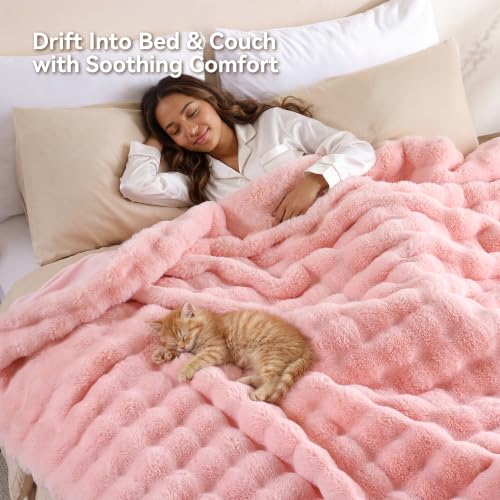 Pink Faux Rabbit Fur Throw Blanket 50x60in - Bubble Textured Couch Blanket for Home Decor