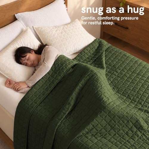YnM 25lbs Weighted Blanket for Adults, Cotton Heavy Bed Throw with Cooling Glass Beads, Army Green, 60x80 Inches - Exclusive Model