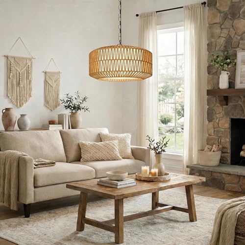 Bohemian 19-Inch Rattan Chandelier with 5 Lights - Farmhouse Dining Light Fixture