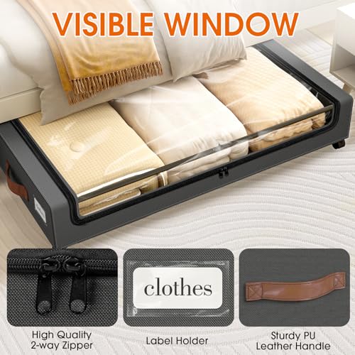 Dark Grey Under Bed Storage Containers 3-Pack with Wheels & Clear Windows
