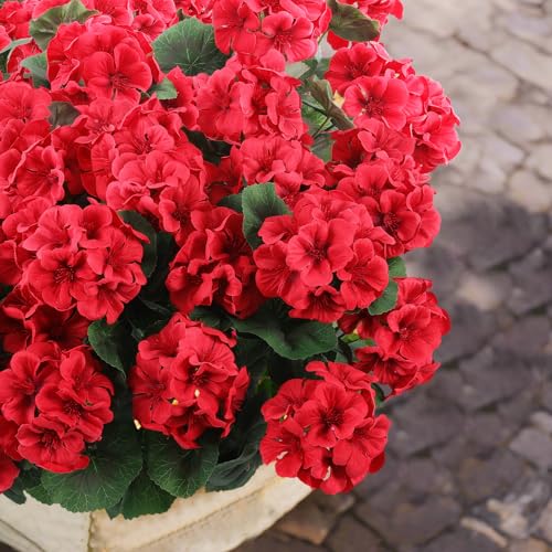 Hananona 24 Red Artificial Geranium Flowers for Outdoor & Indoor Decor