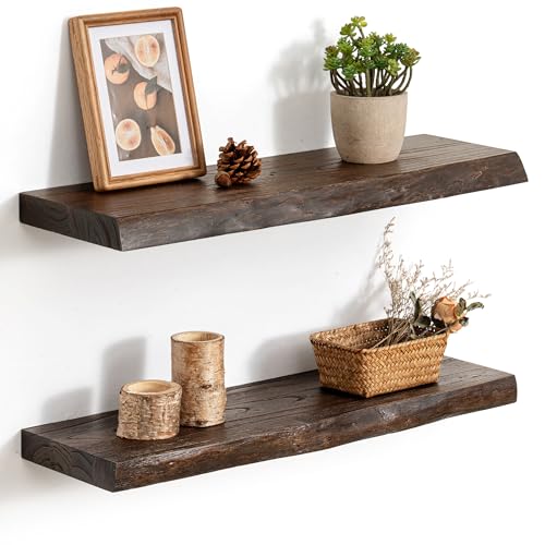 Walnut Live Edge Floating Shelves Set of 2 - 24 Inch Solid Elm Wall Shelves