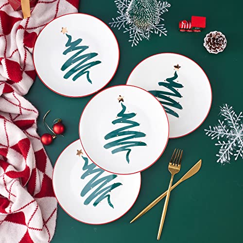 Swuut Christmas Dinner Plates Set of 4, 10 Inch Bone China with Gold Tree Design