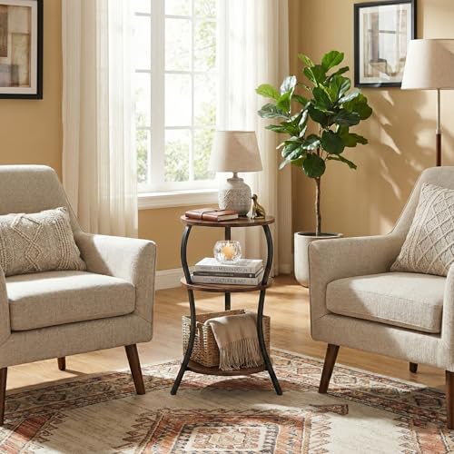 YEAKOO Rustic Brown 3-Tier Small Round Side Table - Vintage Modern End Table