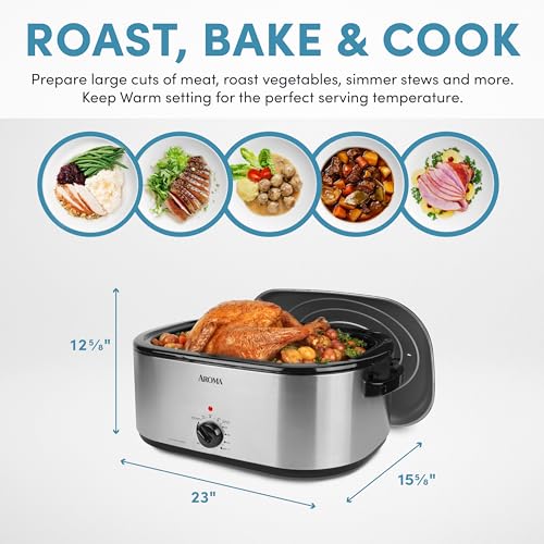 AROMA 22 Qt. Silver Roaster Oven with Self-Basting Lid - Stainless Steel