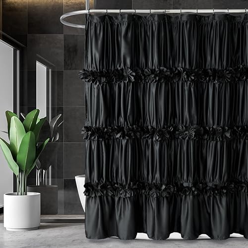 Homechoice Decor Black Handcrafted Bow Tie Shower Curtain 72x72 inches, Elegant Waterfall Ruffle Design