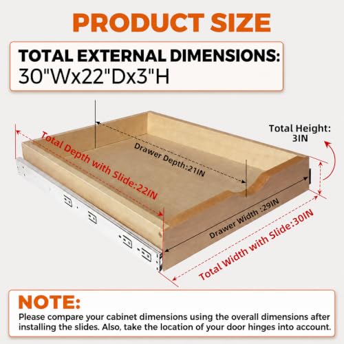 Mobirex Side Mount 30" W x 22" D Wooden Pull Out Cabinet Drawer Organizer - Easy Install
