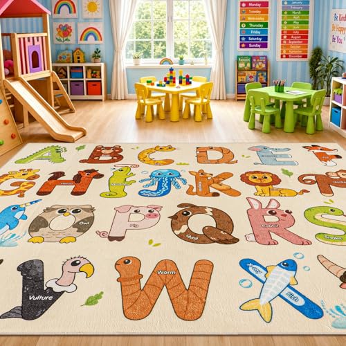 Rezutan 5' x 7' Beige Classroom Alphabet Rug, Washable & Non-Slip Kid's Play Carpet