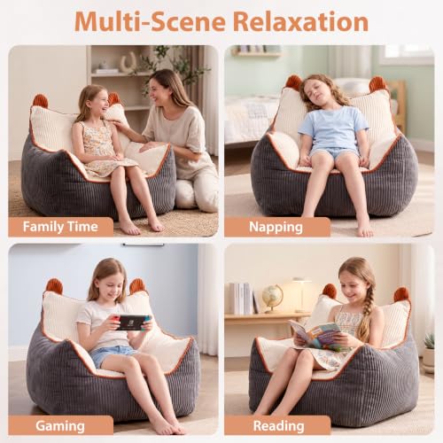 Kids Bean Bag Chair 28-Inch Plush Sofa for Reading & TV - Beige-Grey Variation