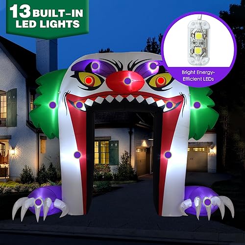 10 FT Halloween Inflatable Clown Archway - Green Outdoor Decorations with LED Lights