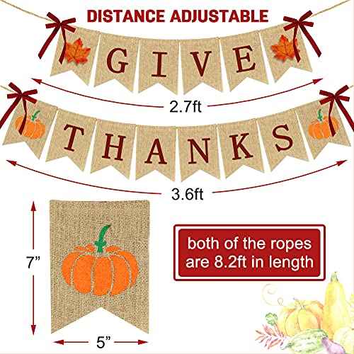 Give Thanks Burlap Banners Thanksgiving Decorations | Rustic Turkey Pumpkin Burlap Garland | Thanksgiving Party Supplies - 2 Strings, NO DIY Fireplace Mantle Home Decoration