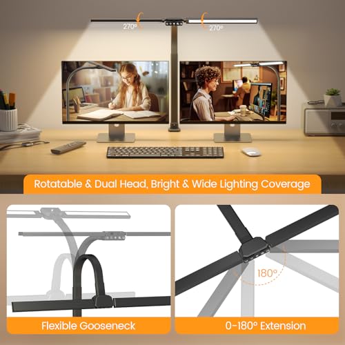 LED Desk Lamp with RGB, Remote Control, Dimmable & Rotatable Double Head - Black 22W