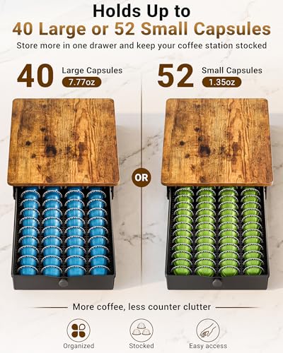 Everie Coffee Pod Drawer Organizer for Vertuo - Rustic Brown Wood Top, Holds 40-52 Capsules