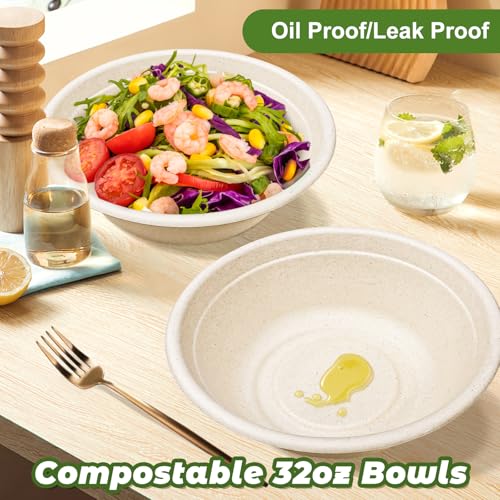 32oz Disposable Paper Bowls - 150 Pack Large Biodegradable Soup Bowls