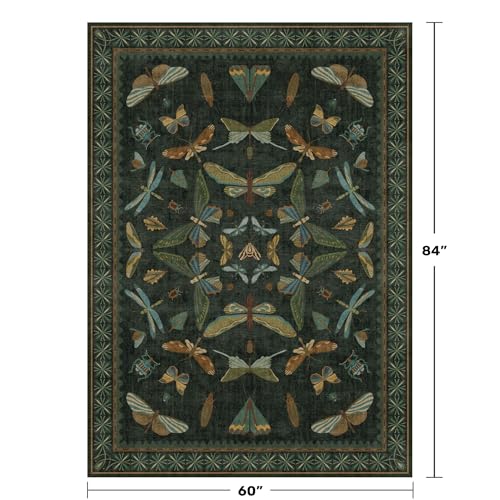 Dark Green Area Rug 5x7 ft for Living Room - Fairy Moss Boho Insect Décor, Washable, Non-Slip