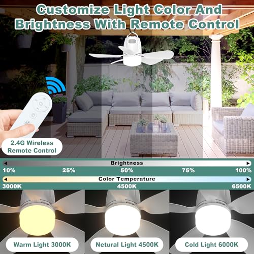 20-Inch Portable Outdoor Ceiling Fan with Light & Remote - White, 20000mAh Battery