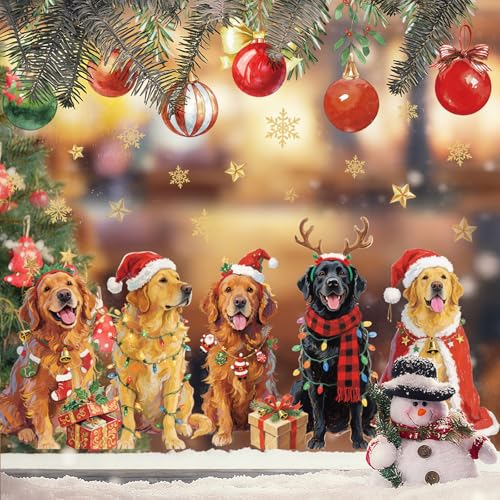 Christmas Window Clings Xmas Puppy Theme Reusable Window Decals for Holiday Home School Office Glass Decor, 2 Sheets