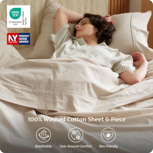Bedsure PureWoven 100% Washed Cotton Queen Sheets Linen Beige 6PCS