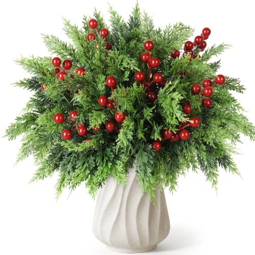 45 PCS Cedar Greenery Stems with Red Berry Picks for Christmas Decor - Artificial Holiday Plants