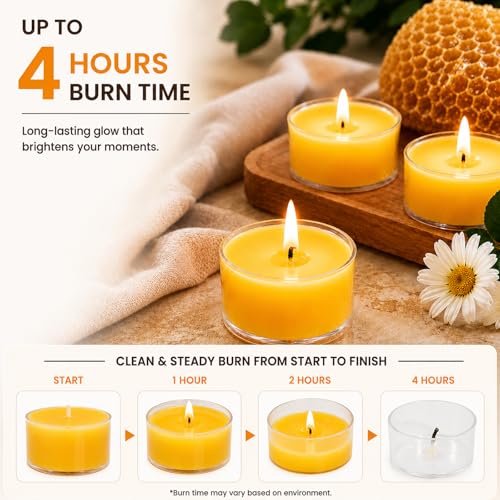 Unscented Beeswax Tea Lights Candles 48 Pack - Yellow, 4 Hour Burn Time