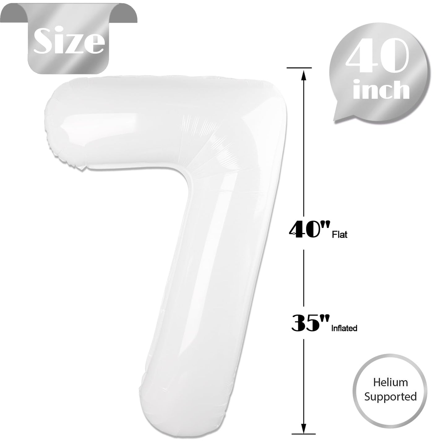 White Number 7 Balloon 40 Inch, 7th Birthday Party Decorations for Children, Giant 7 Foil Balloon for Party Supplies