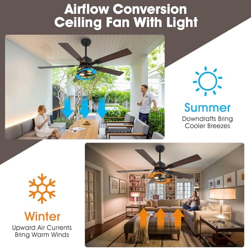 Vaczon 52-inch Farmhouse Ceiling Fan with Light, Maple/Black, 6-Speed DC Motor