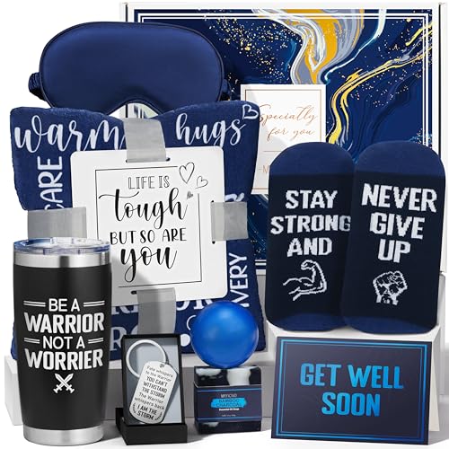 Navy Blue Get Well Soon Gift Basket for Men - Care Package with Blanket Socks Stress Ball & More