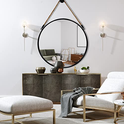 Large Round Hanging Mirror with Jute Rope - 30 Inch Black Wall Decor - POZINO