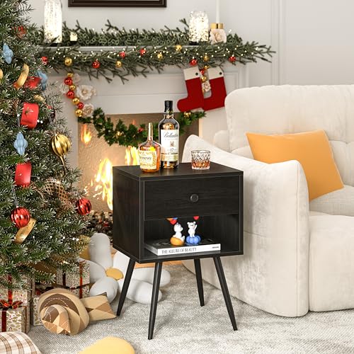 VECELO Black Nightstands Set of 2 | Modern Mid Century Bedside Tables with Storage Drawer & Open Shelves