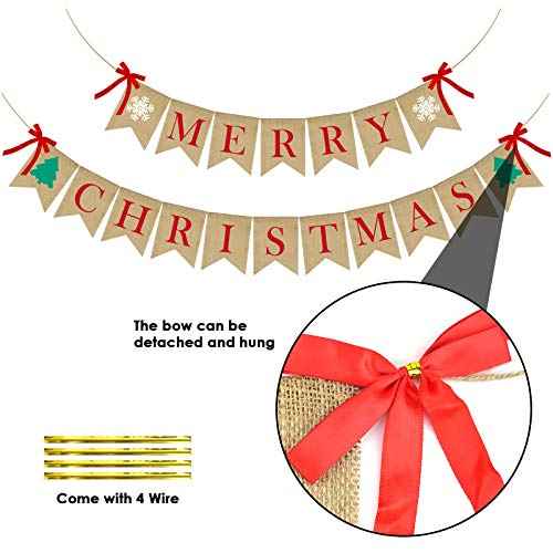 PACETAP Merry Christmas Burlap Banner with 4 Red Bows, Home Indoor Christmas Decorations for Fireplace, Chimney, Wall, Tree