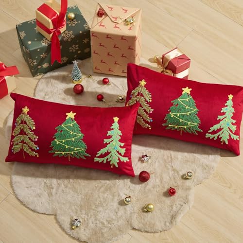 Red Velvet Embroidery Christmas Pillow Cover 12x20 Inch, Pack of 1