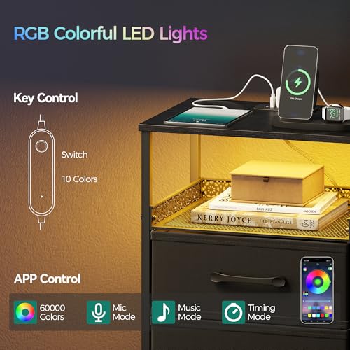 JARHETUN Nightstand Set 2 with Charging Station & RGB LED Lights, 3 Drawers, Black / Power & LED
