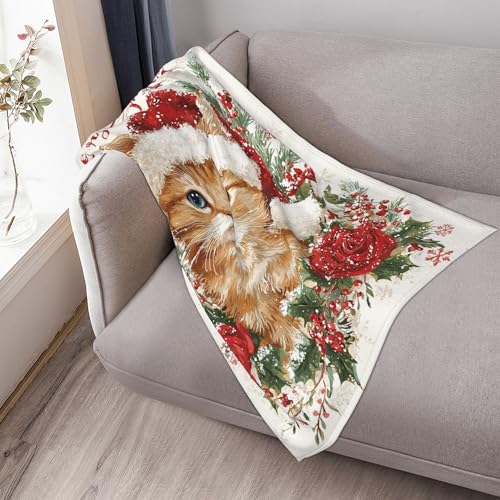 IBTKQSM Christmas Cat Throw Blanket 40×50 in – Soft Flannel Gift for Cat Lovers
