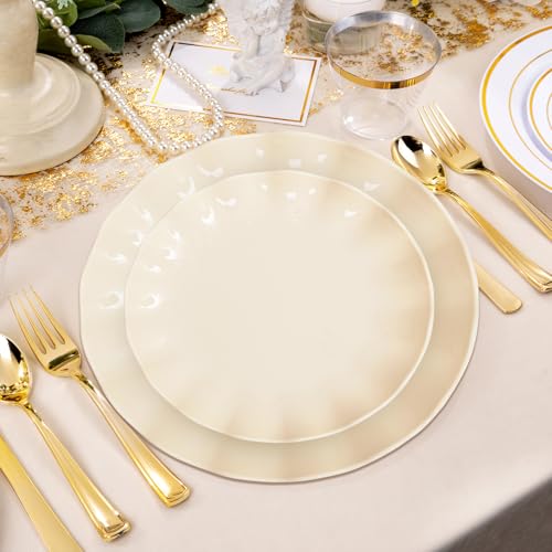 50 Pcs Reusable Plastic Dinner Plates Set - Beige, Unbreakable, Dishwasher Safe, 25 Guests
