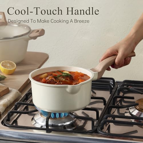 CAROTE Nonstick Saucepan Set 1.5Qt & 3.0Qt with Lid - White, Rivetless, Easy Clean
